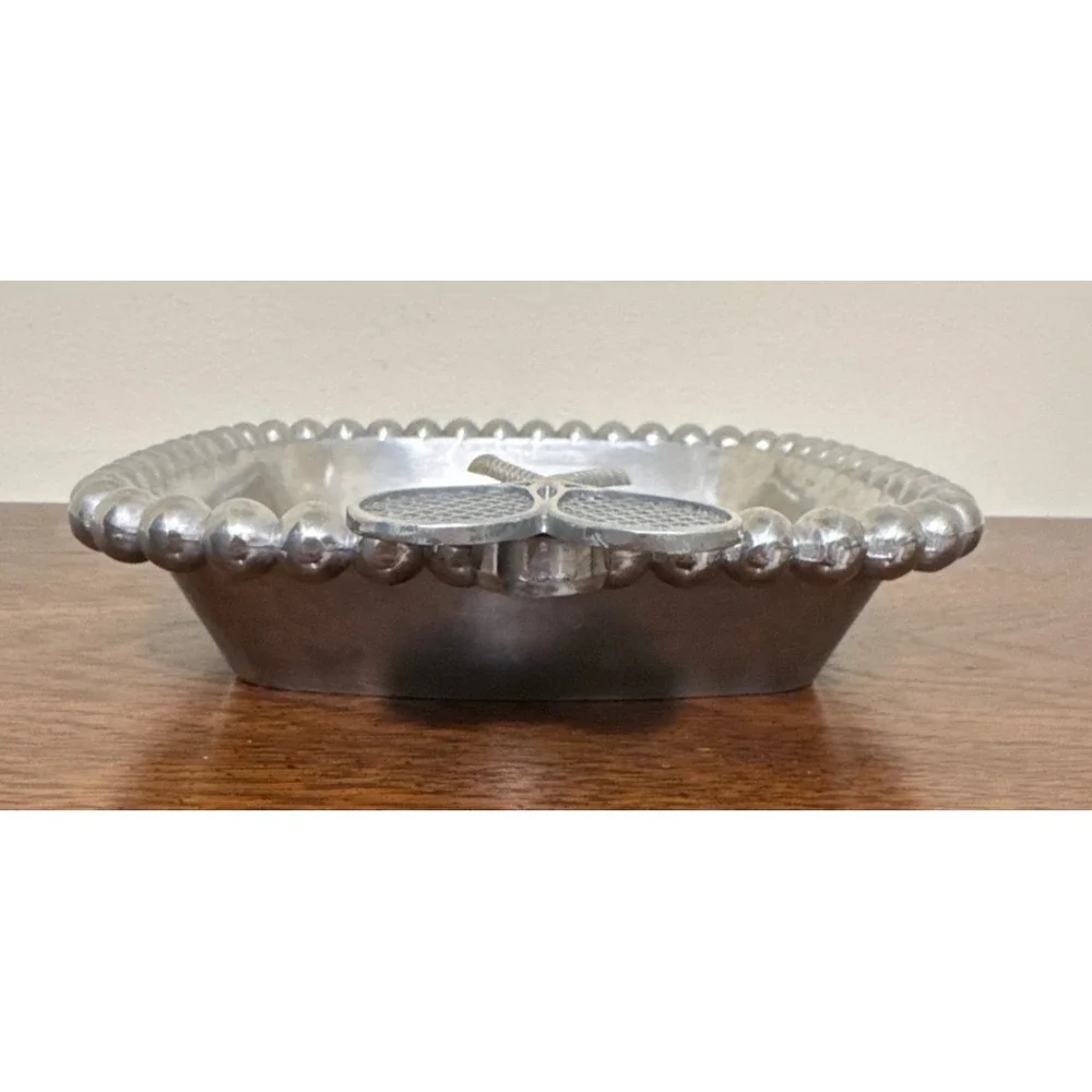 Vintage Mud Pie Beaded Tennis Racket Square Candy/Nut Dish Sand Cast Aluminum